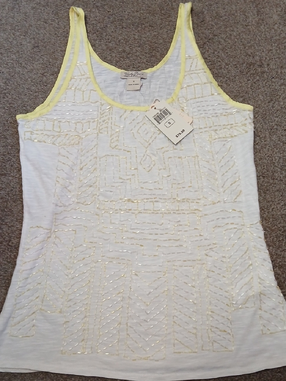 Lucky Brand White Tank with Yellow Trim and Gold Beading